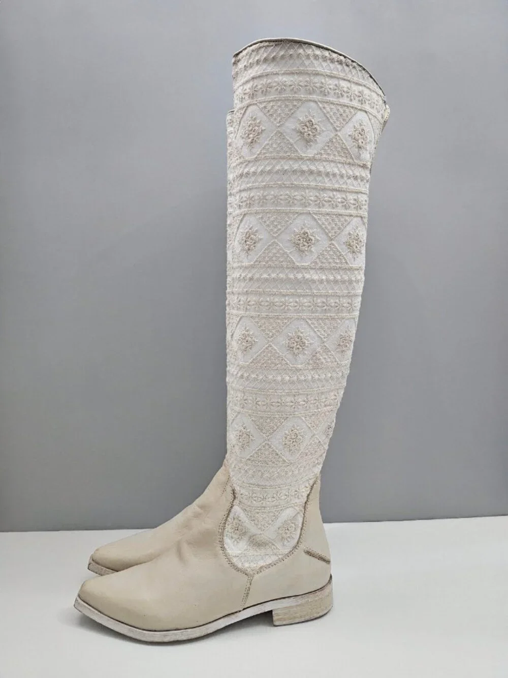 Free People Bren Knee High Boot Womens EU 36 Cream Embroidered Boho Slouchy
